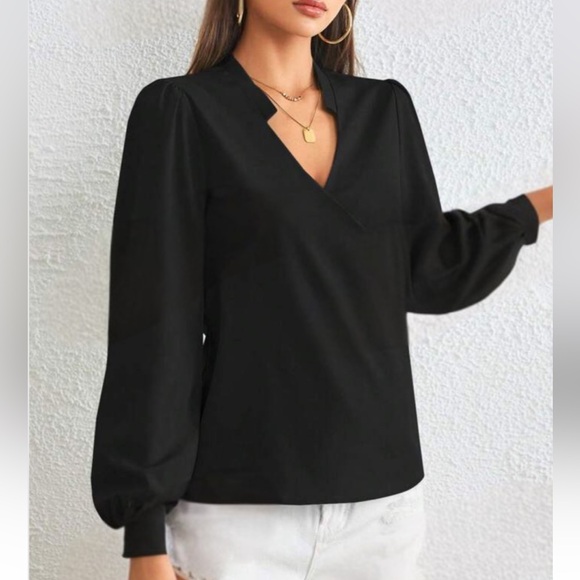 Luxe black classic surplice long sleeve blouse - Picture 2 of 7